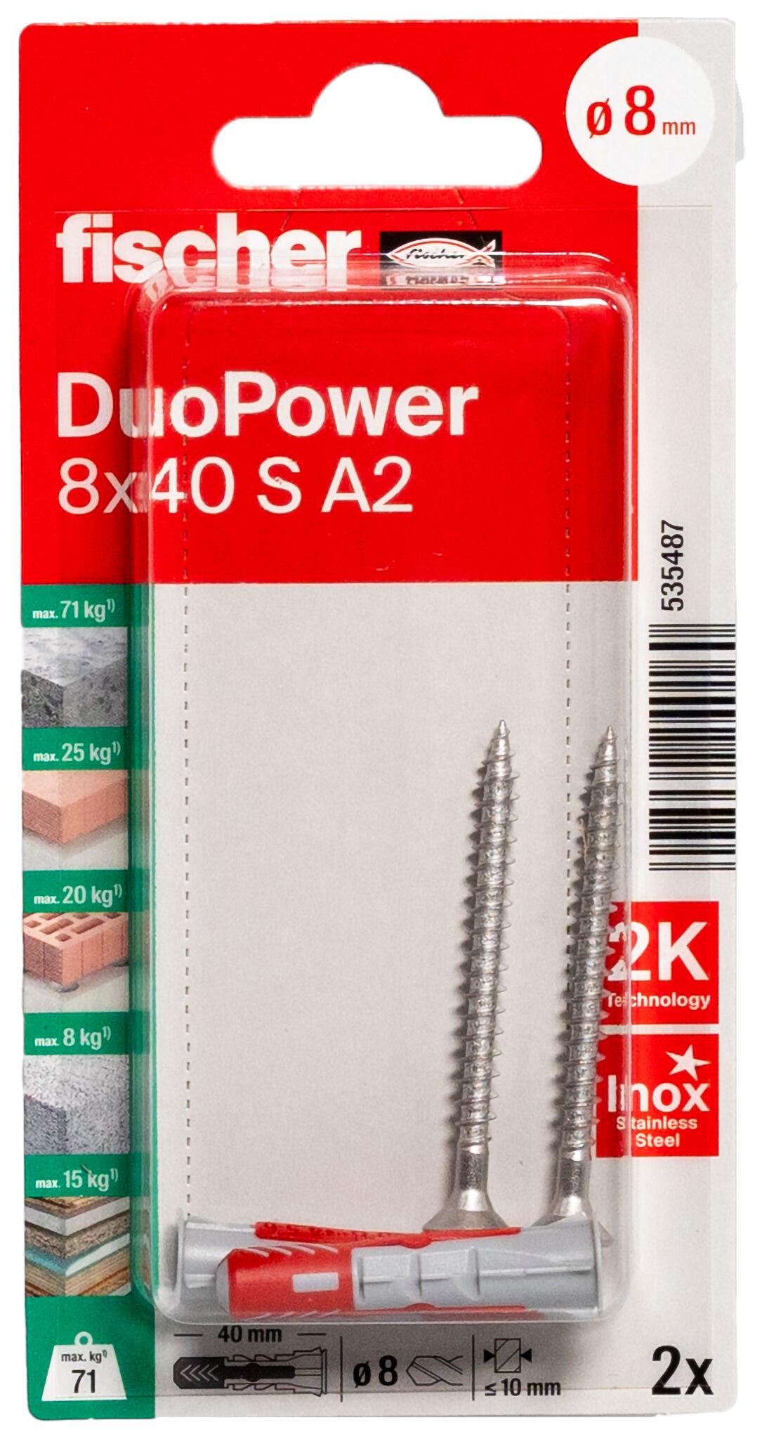 Packaging: "fischer DuoPower 8 x 40 S screw A2 stainless steel"