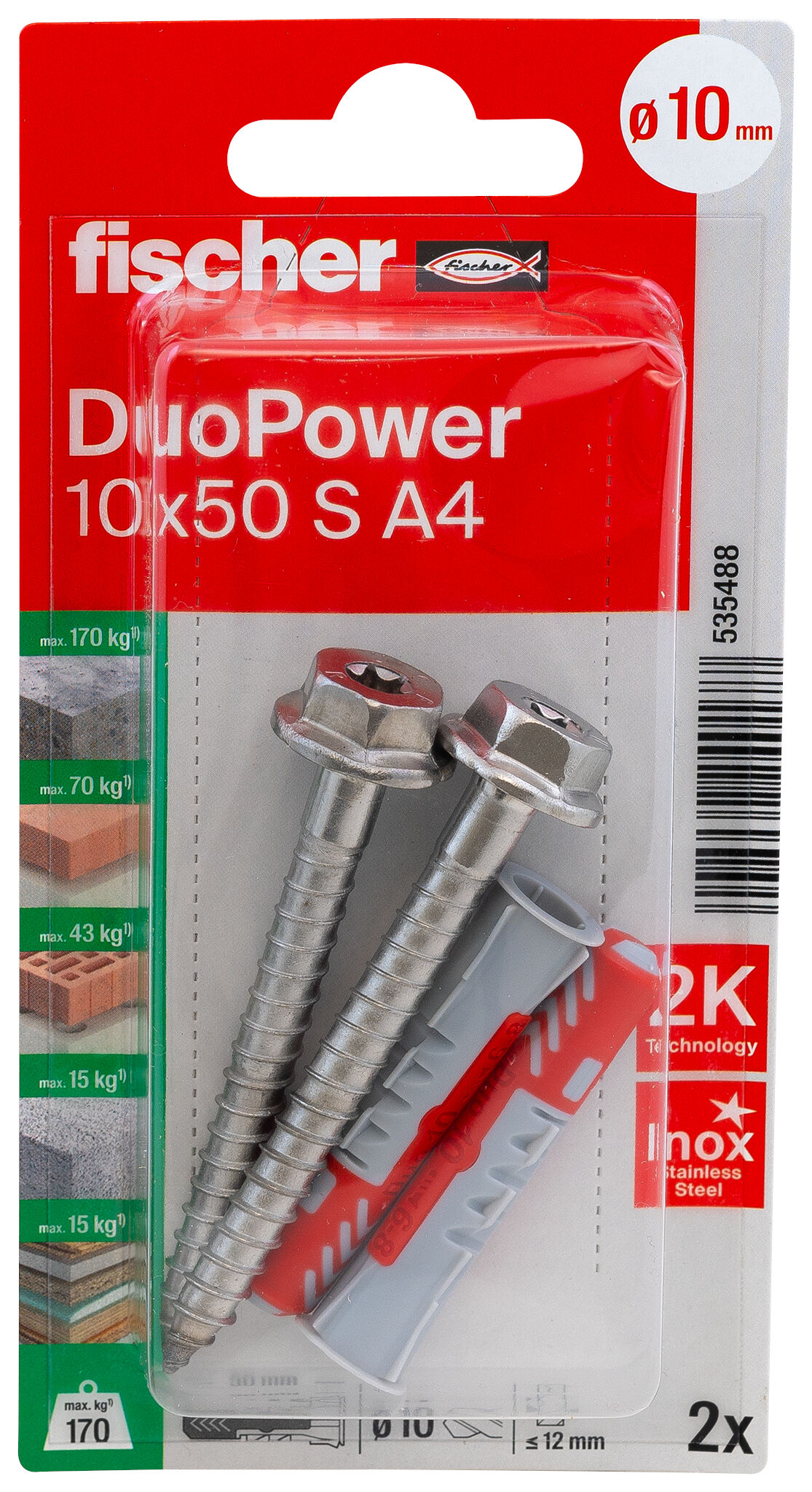 Packaging: "fischer DuoPower 10 x 50 S screw A4 stainless steel"