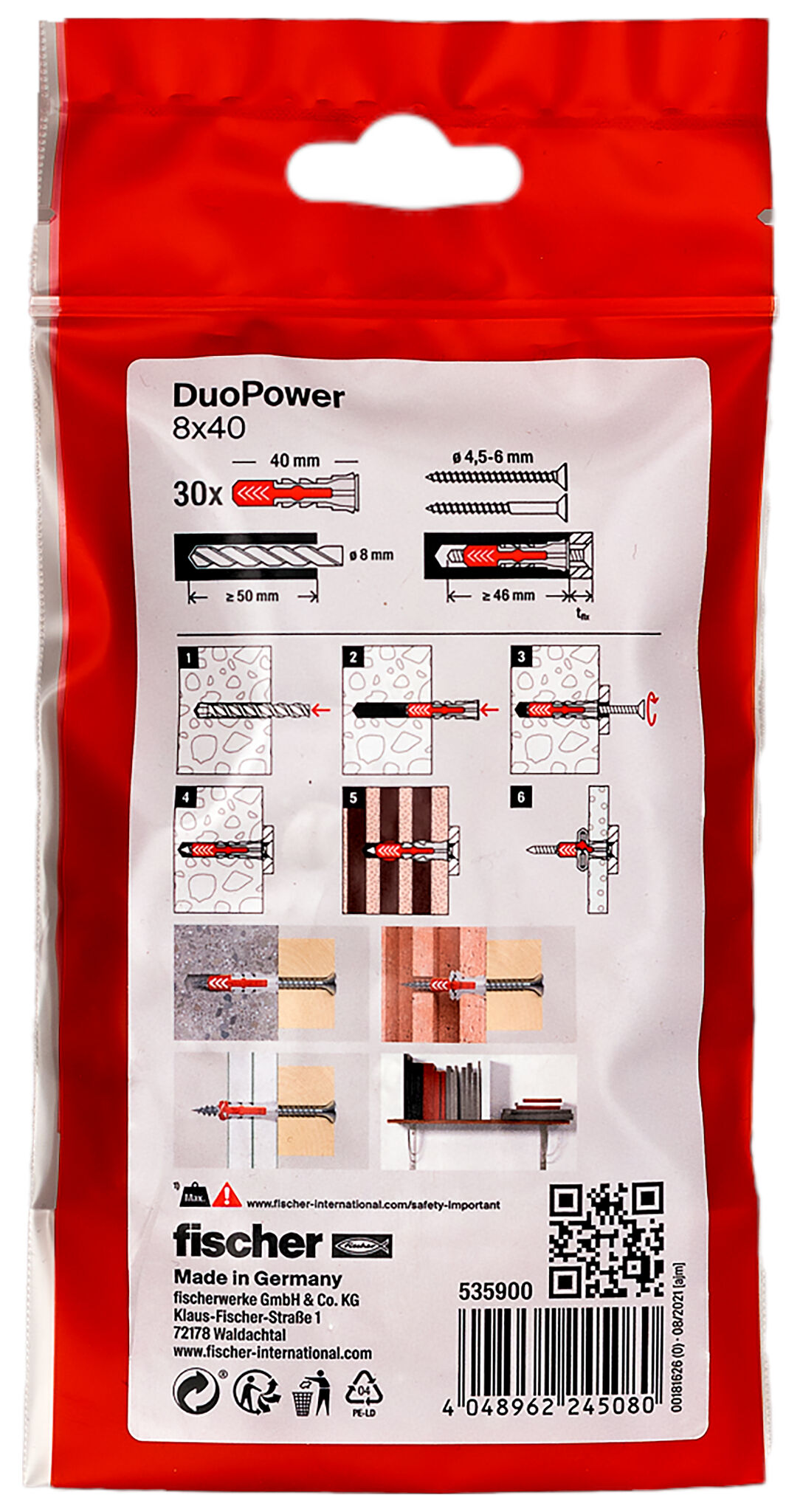 Packaging: "Cheville bi-matière DuoPower 8 x 40 sans vis"