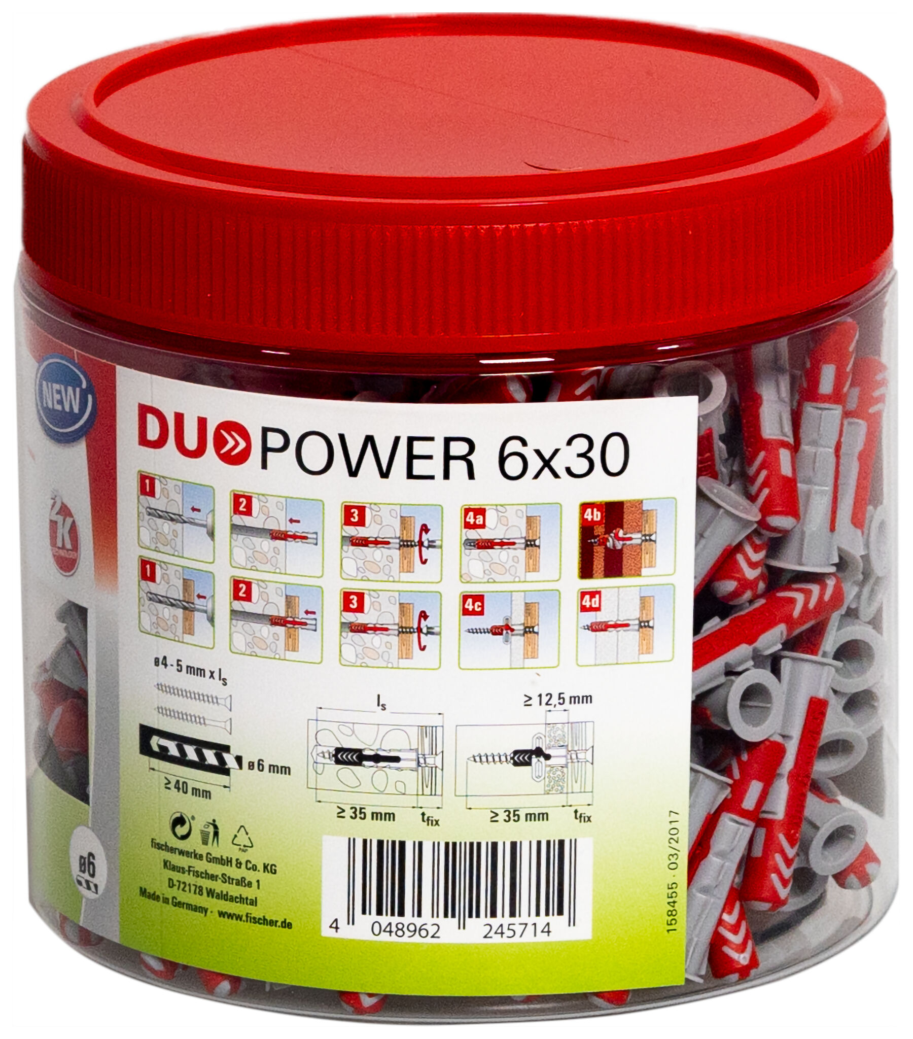 Packaging: "fischer DuoPower 6 x 30 round tin"