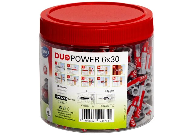 Packaging: "fischer DuoPower 6 x 30 round tin"
