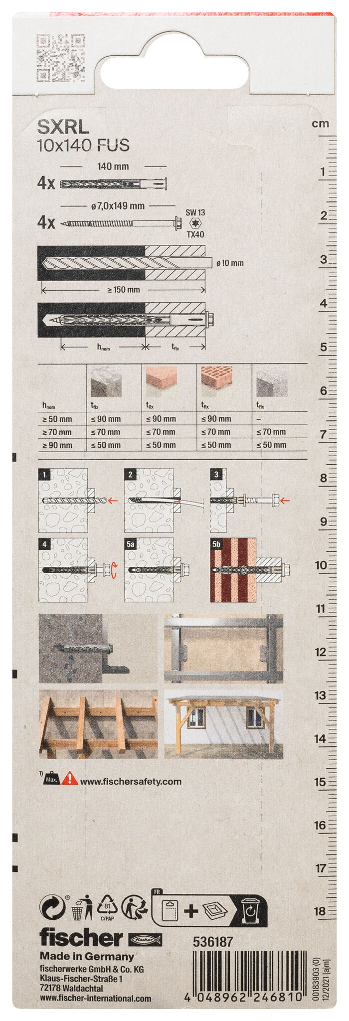 Verpackung: "fischer Langschaftdübel SXRL 10 x 140 FUS Sechskantschraube mit U-Scheibe"