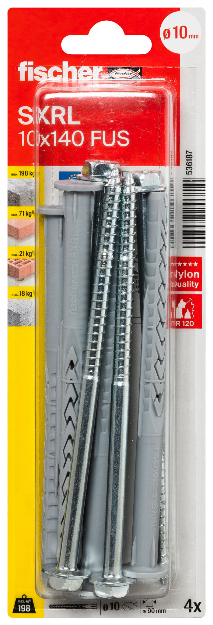 Verpackung: "fischer Langschaftdübel SXRL 10 x 140 FUS Sechskantschraube mit U-Scheibe"