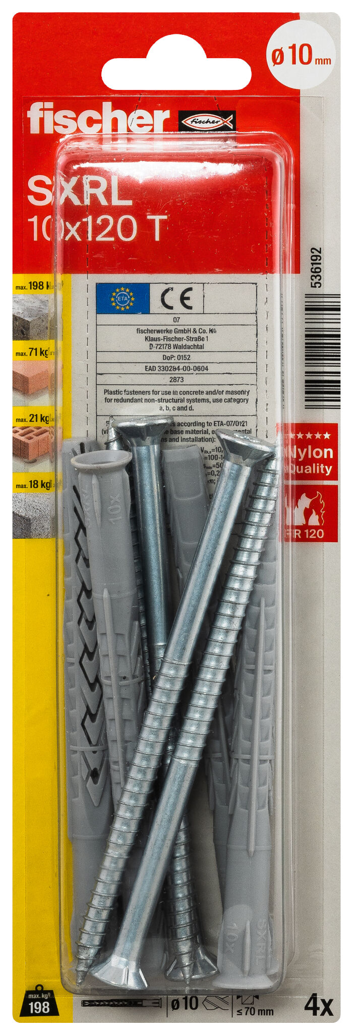 Packaging: "fischer Pitkäkarainen tulppa SXRL 10 x 120 T zinc-plated steel"