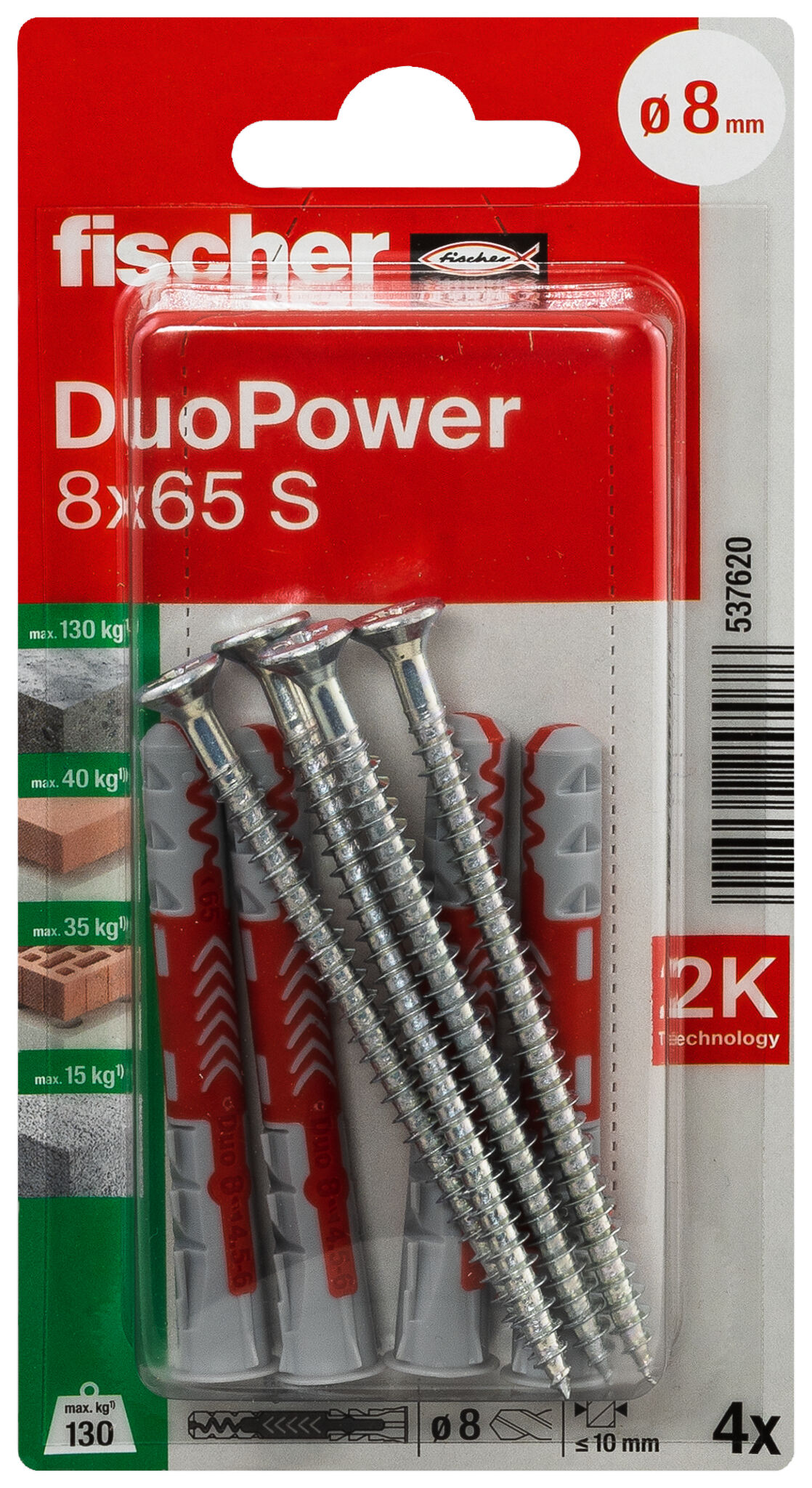 Verpackung: "fischer DuoPower 8 x 65 S mit Schraube"