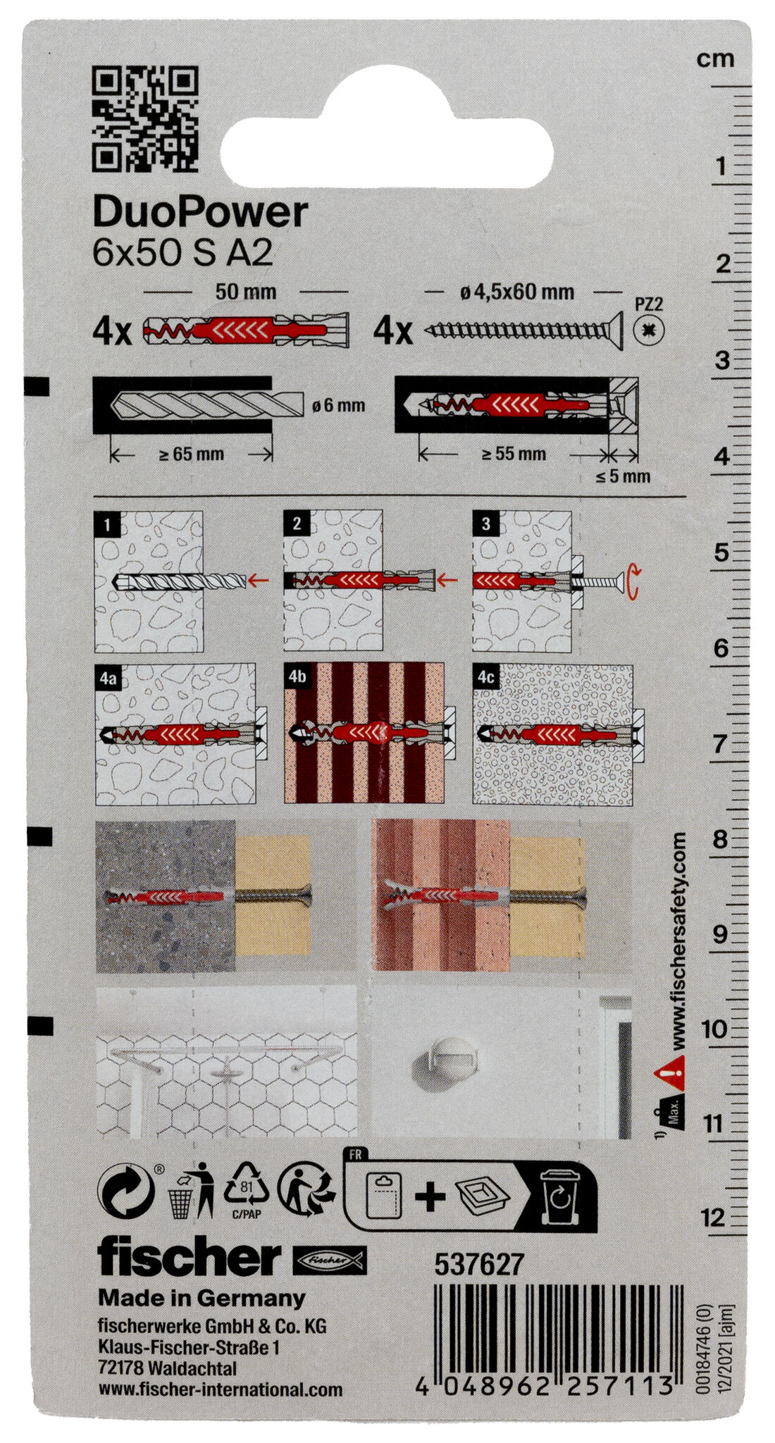Verpackung: "fischer DuoPower 6 x 50 S Schraube nicht rostender Stahl A2"
