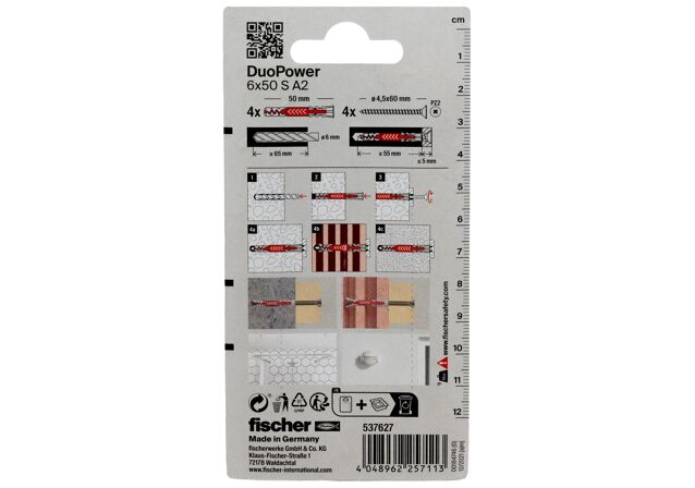 Verpackung: "fischer DuoPower 6 x 50 S Schraube nicht rostender Stahl A2"