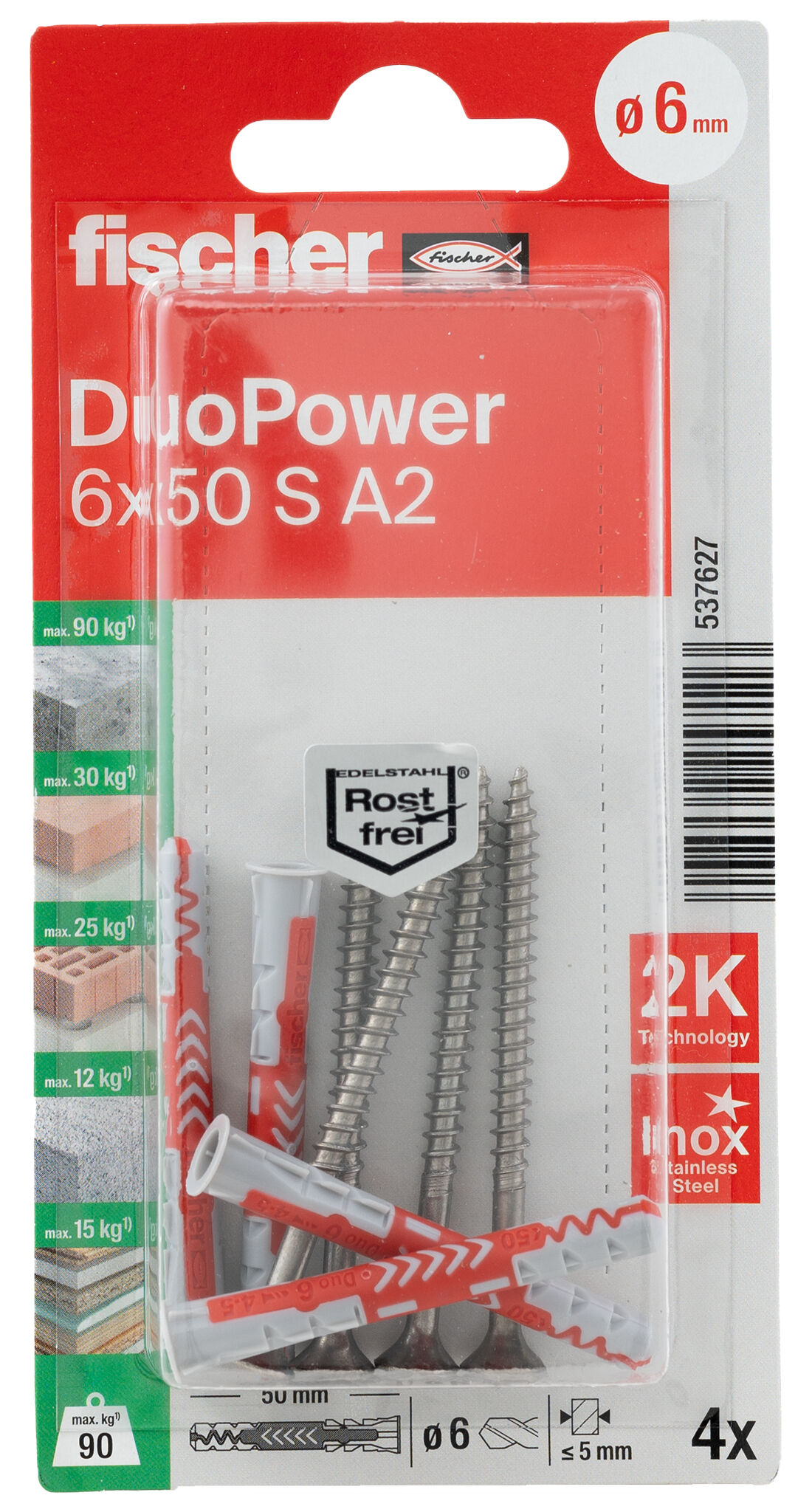 Verpackung: "fischer DuoPower 6 x 50 S Schraube nicht rostender Stahl A2"