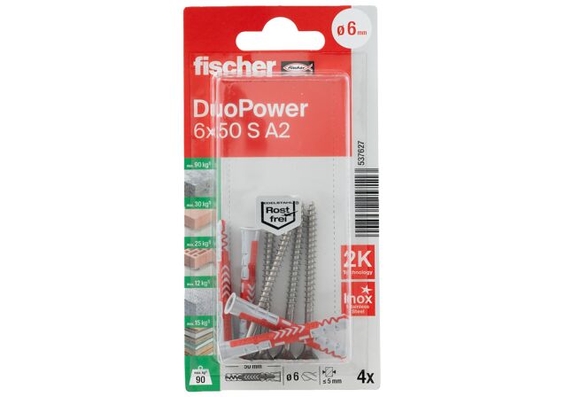 Verpackung: "fischer DuoPower 6 x 50 S Schraube nicht rostender Stahl A2"