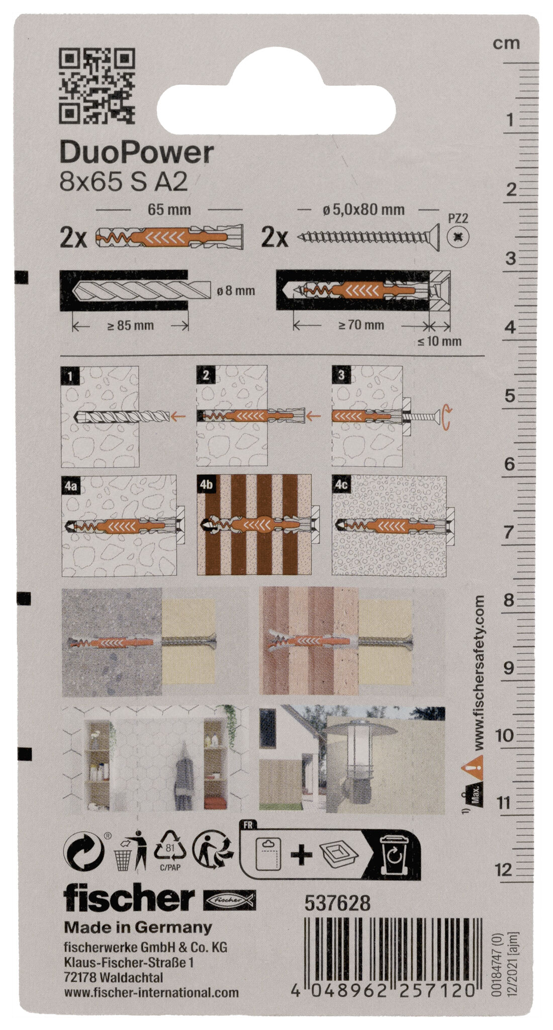 Verpackung: "fischer DuoPower 8 x 65 S Schraube nicht rostender Stahl A2"
