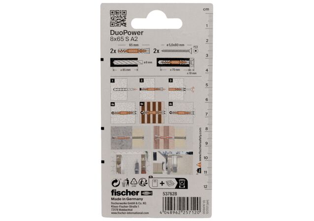 Verpackung: "fischer DuoPower 8 x 65 S Schraube nicht rostender Stahl A2"