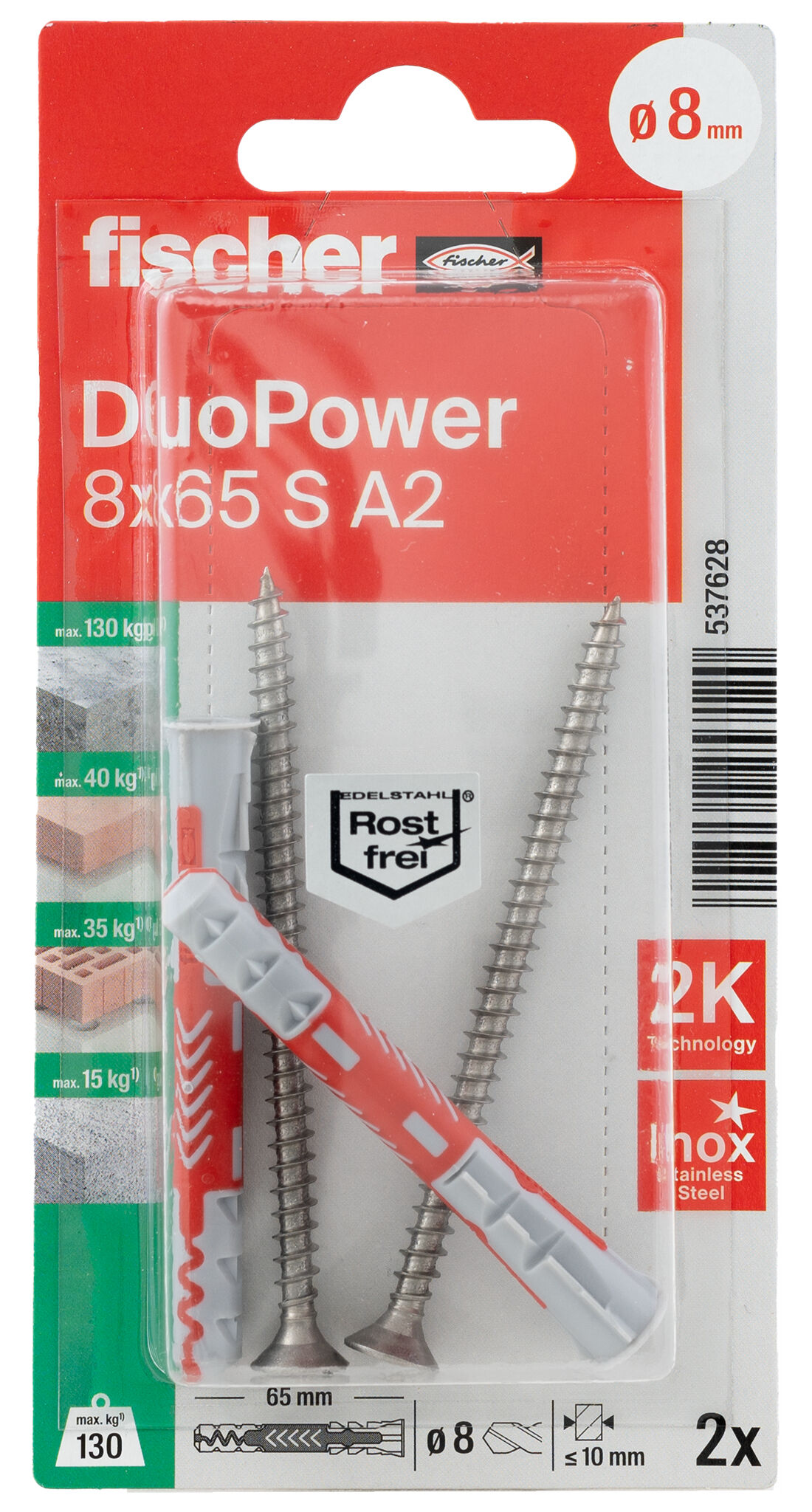Verpackung: "fischer DuoPower 8 x 65 S Schraube nicht rostender Stahl A2"