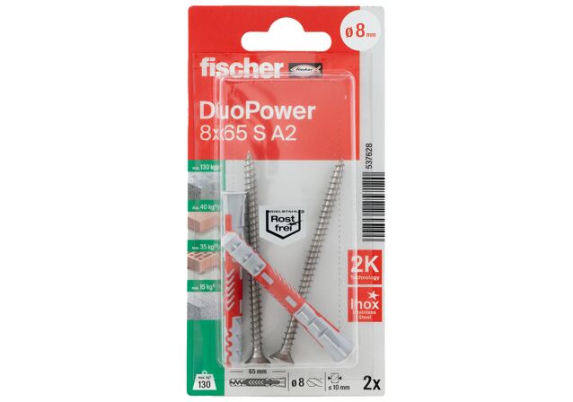 Verpackung: "fischer DuoPower 8 x 65 S Schraube nicht rostender Stahl A2"
