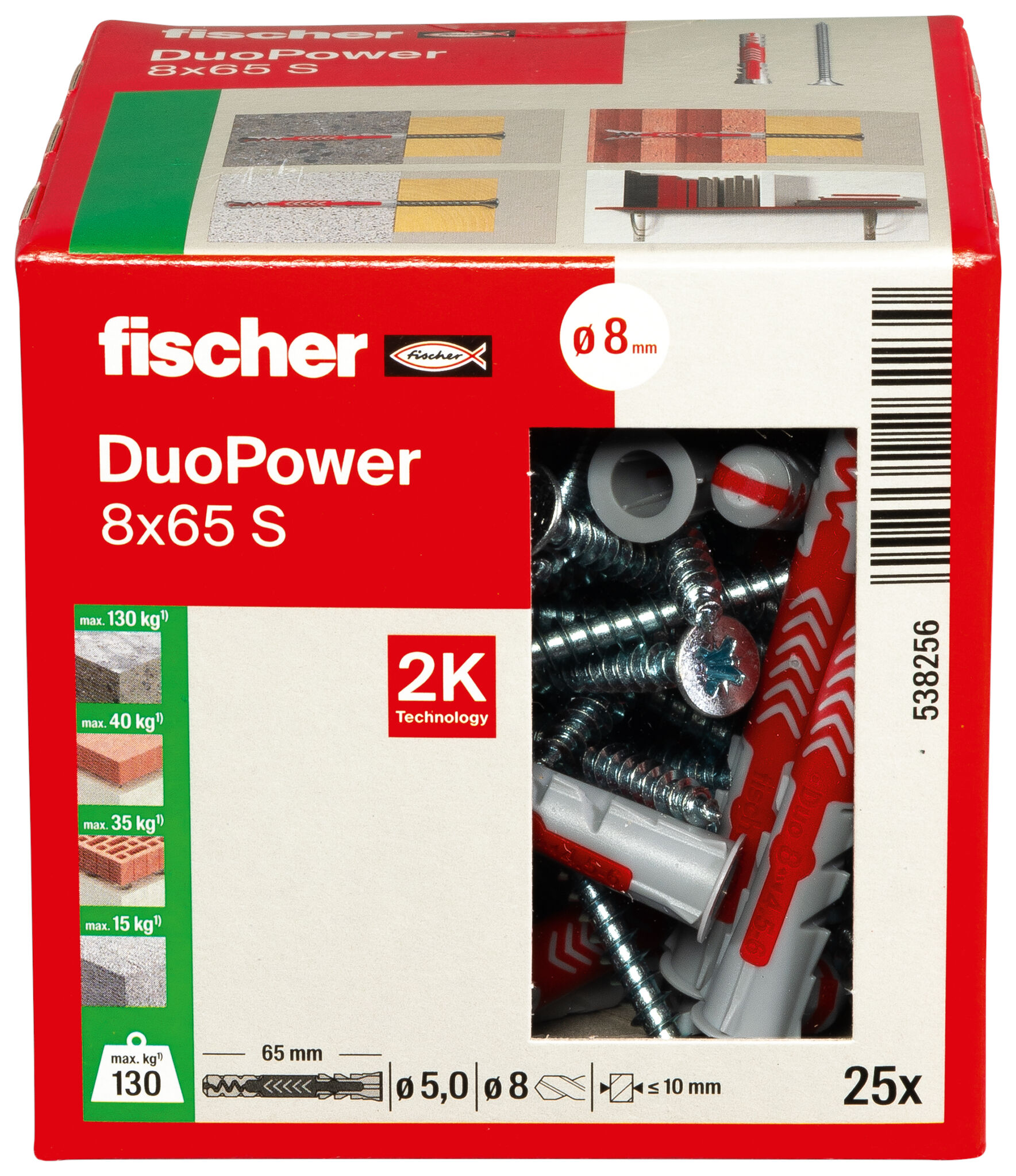 Verpackung: "fischer DuoPower 8 x 65 S mit Schraube"