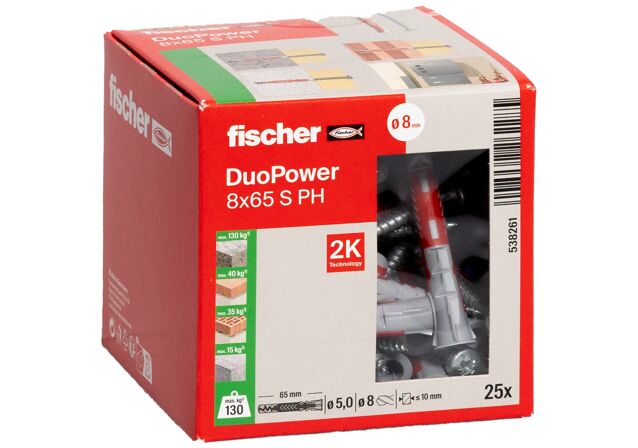 Packaging: "Cheville bi-matière DuoPower 8 x 65 PH avec vis"