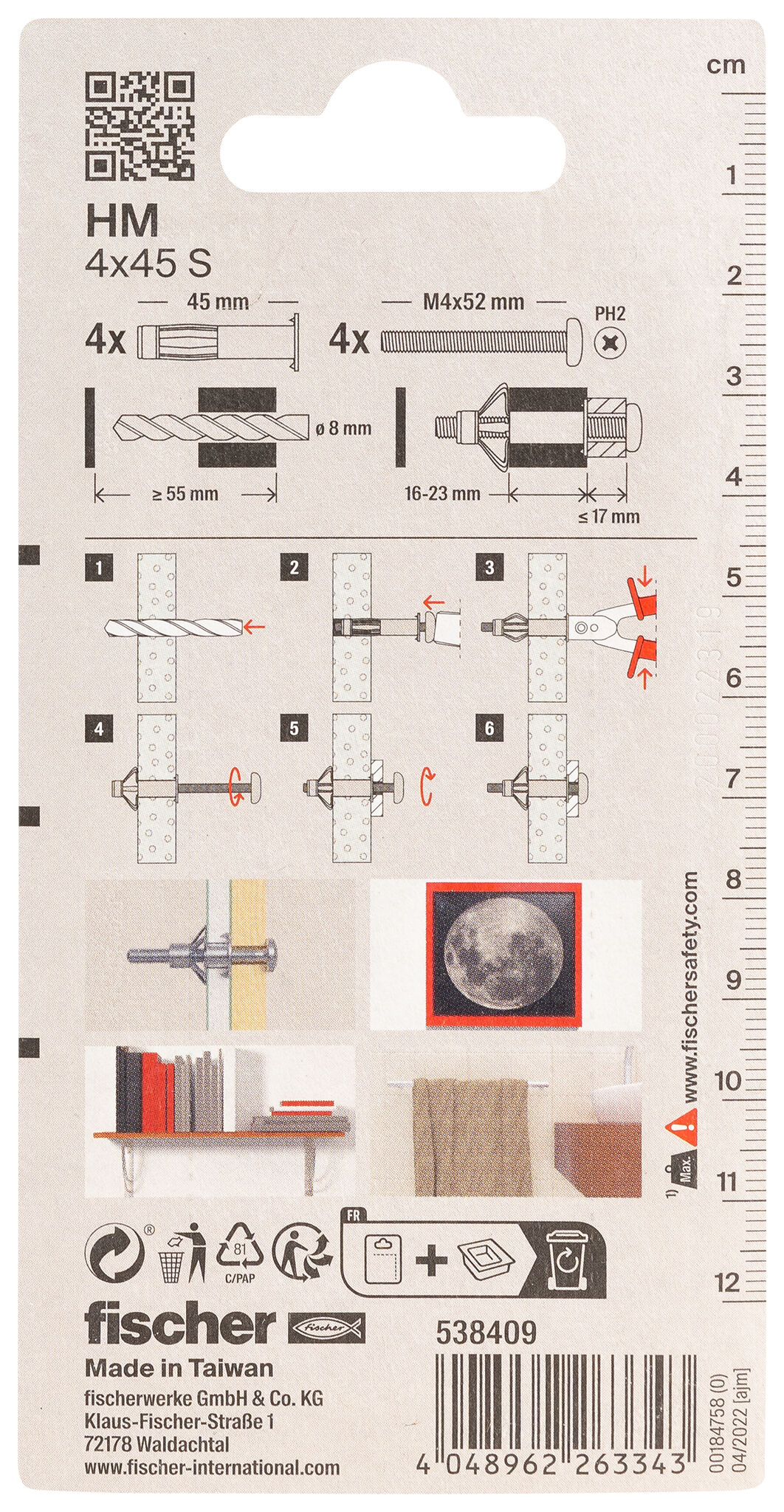 Packaging: "fischer Metal cavity fixing HM 4 x 45 S with screw SB-card"