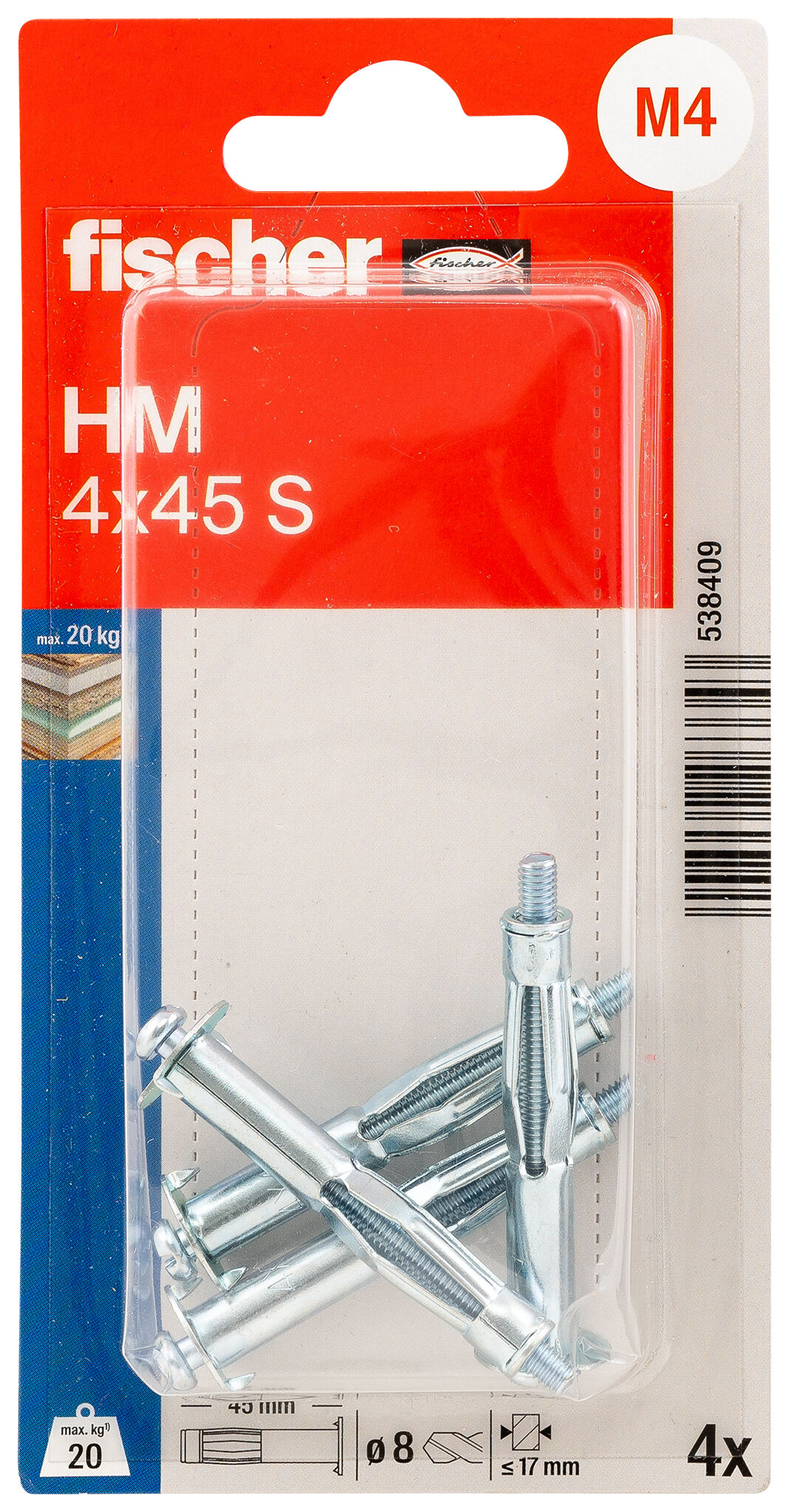 Packaging: "fischer Metal cavity fixing HM 4 x 45 S with screw SB-card"