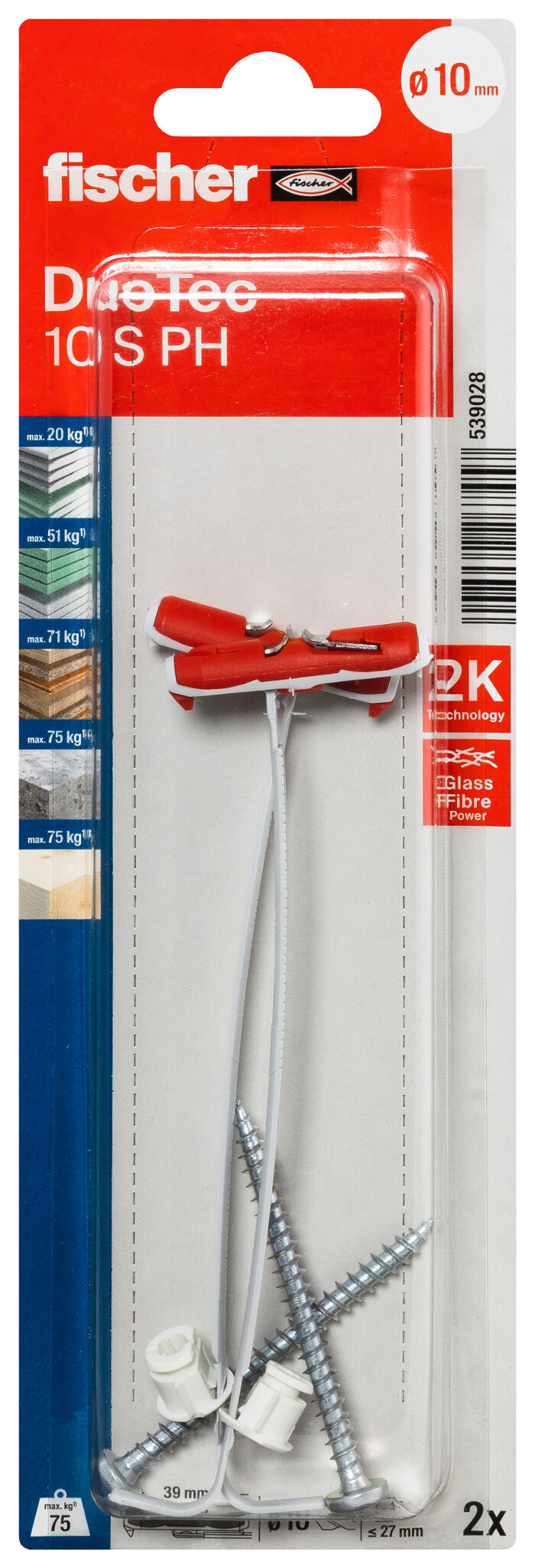 Verpackung: "fischer DuoTec 10 S PH mit Panhead Schraube"