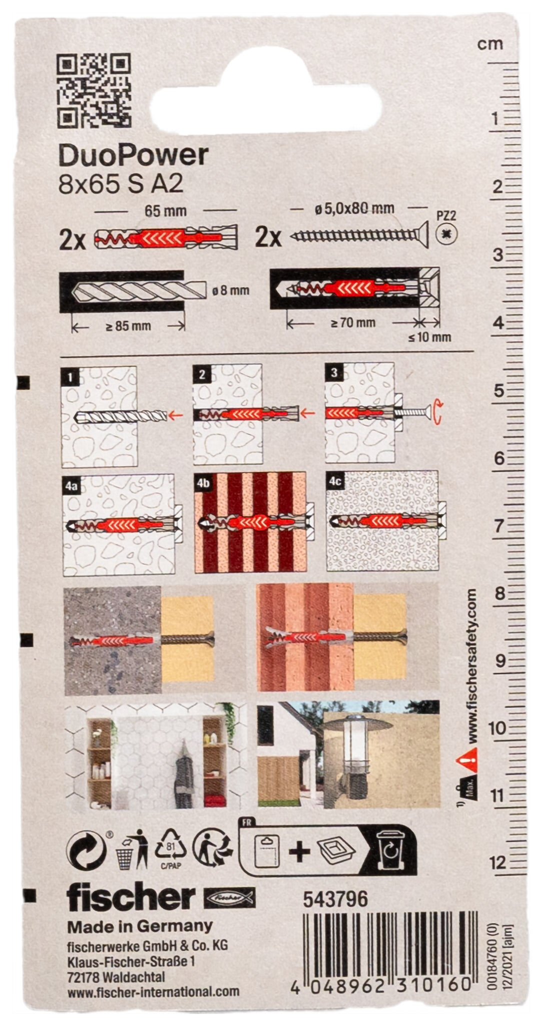 Packaging: "fischer DuoPower 8 x 65 S vida A2 paslanmaz çelik"