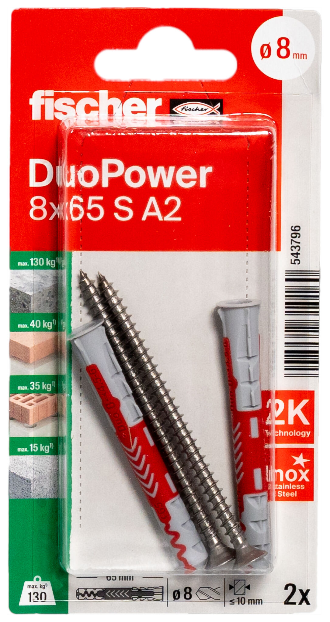 Packaging: "fischer DuoPower 8 x 65 S vida A2 paslanmaz çelik"