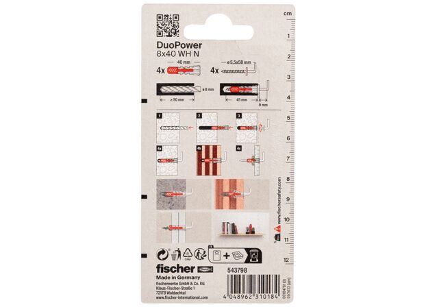 Packaging: "fischer DuoPower 8 x 40 WH N with angle hook"