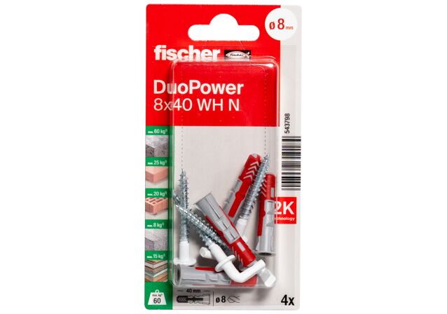 Packaging: "fischer DuoPower 8 x 40 WH N with angle hook"