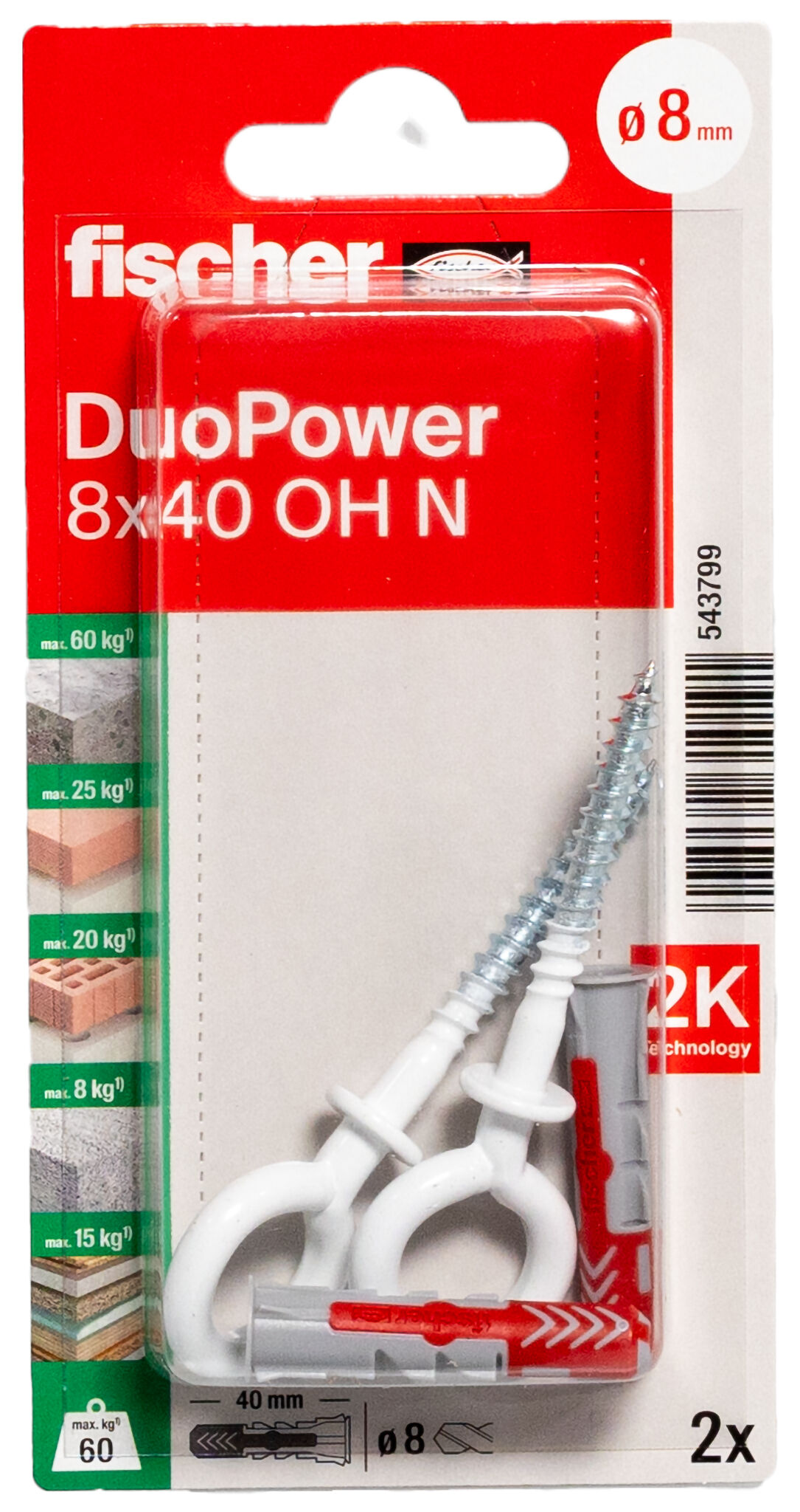Packaging: "fischer DuoPower 8 x 40 OH N with eye hook"