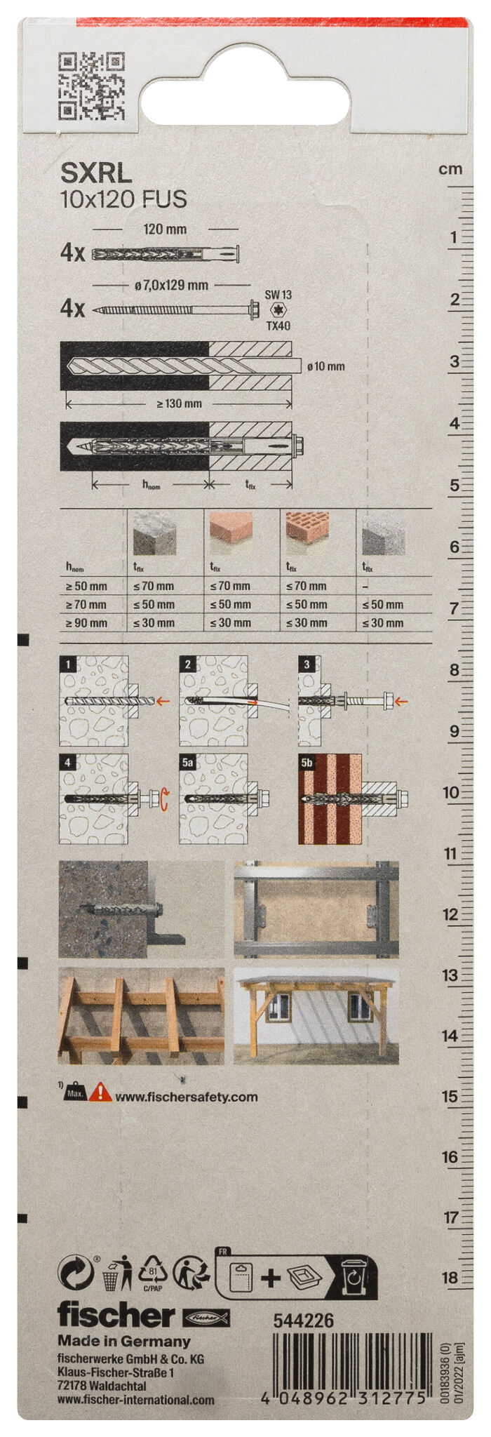 Verpackung: "fischer Langschaftdübel SXRL 10 x 120 FUS Sechskantschraube mit U-Scheibe"