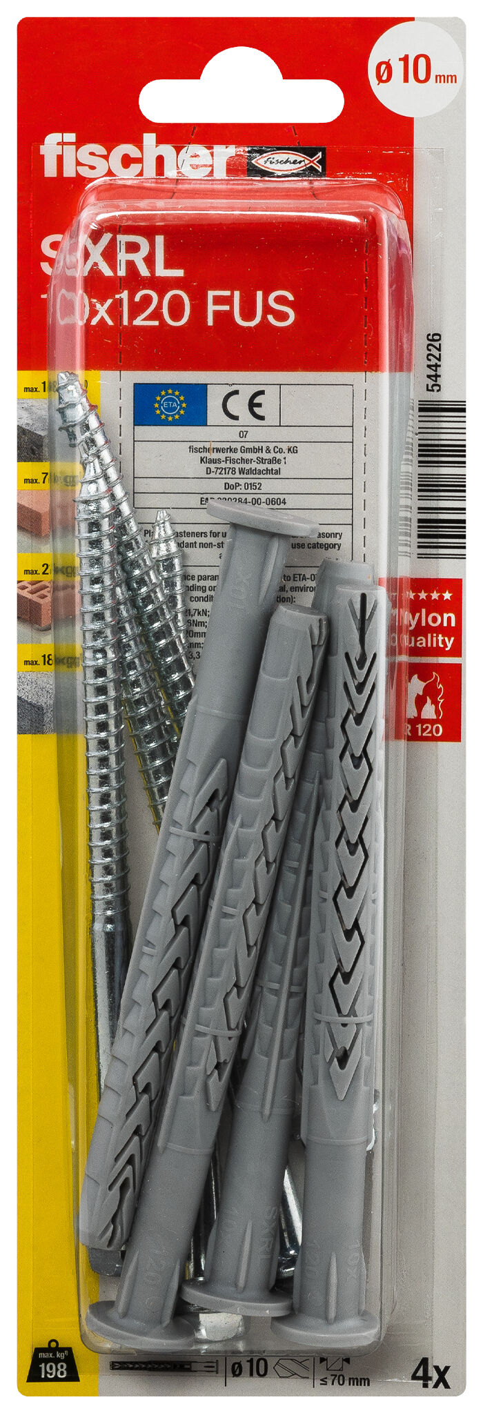 Verpackung: "fischer Langschaftdübel SXRL 10 x 120 FUS Sechskantschraube mit U-Scheibe"