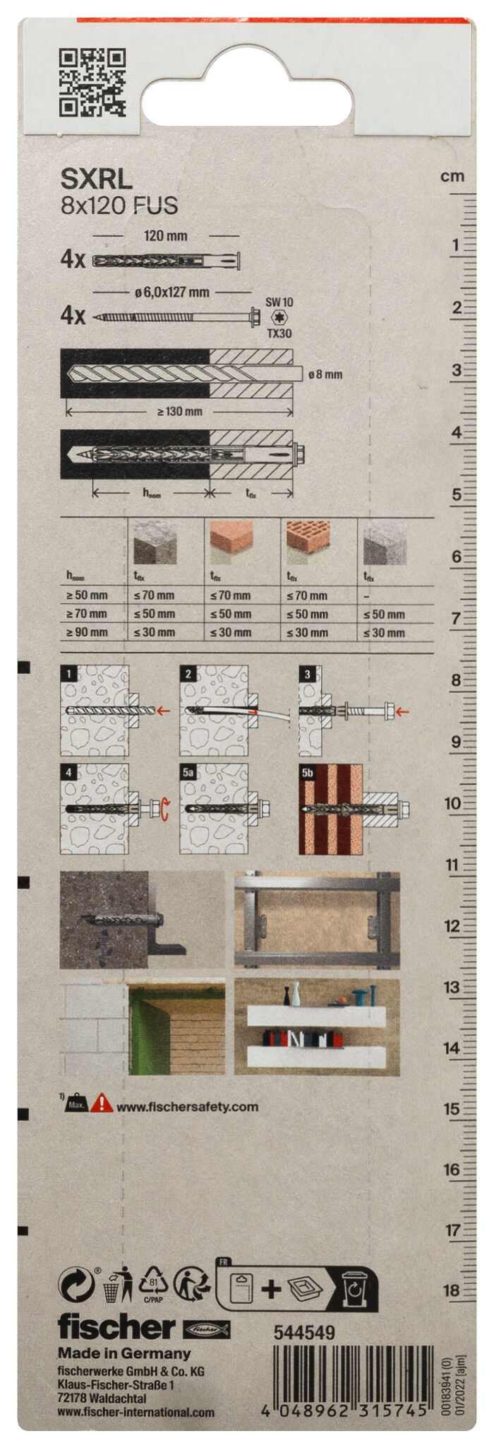 Verpackung: "fischer Langschaftdübel SXRL 8 x 120 FUS Sechskantschraube mit U-Scheibe"