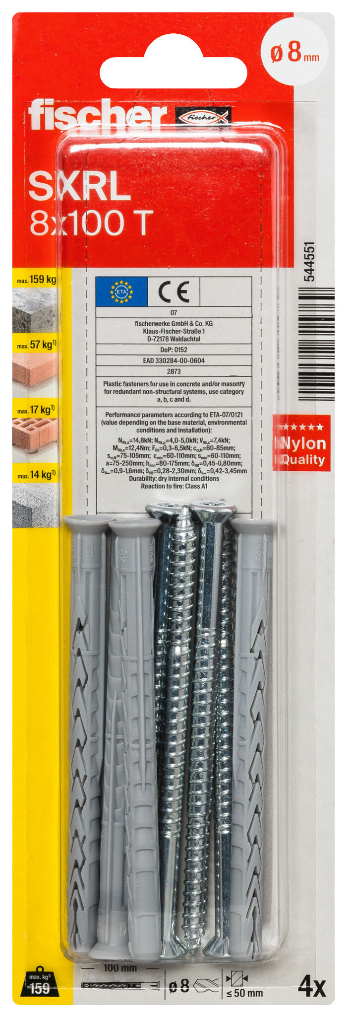 Verpackung: "fischer Langschaftdübel SXRL 8 x 100 T Senkkopfschraube"