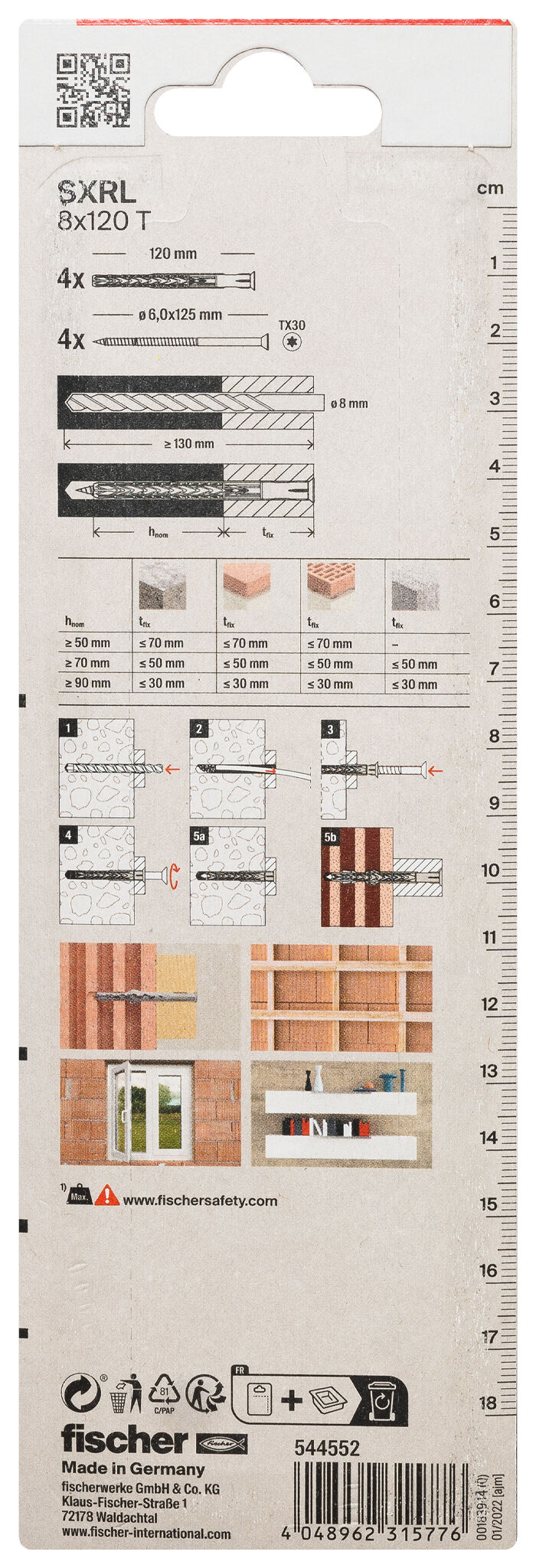 Verpackung: "fischer Langschaftdübel SXRL 8 x 120 T Senkkopfschraube"