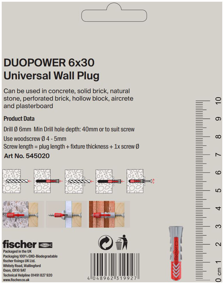 Packaging: "fischer DuoPower 6 x 30 Universal Wall Plug"