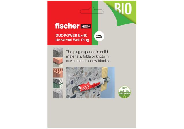Packaging: "fischer DuoPower 8 x 40 Universal Wall Plug"