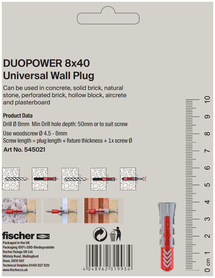 Packaging: "fischer DuoPower 8 x 40 Universal Wall Plug"