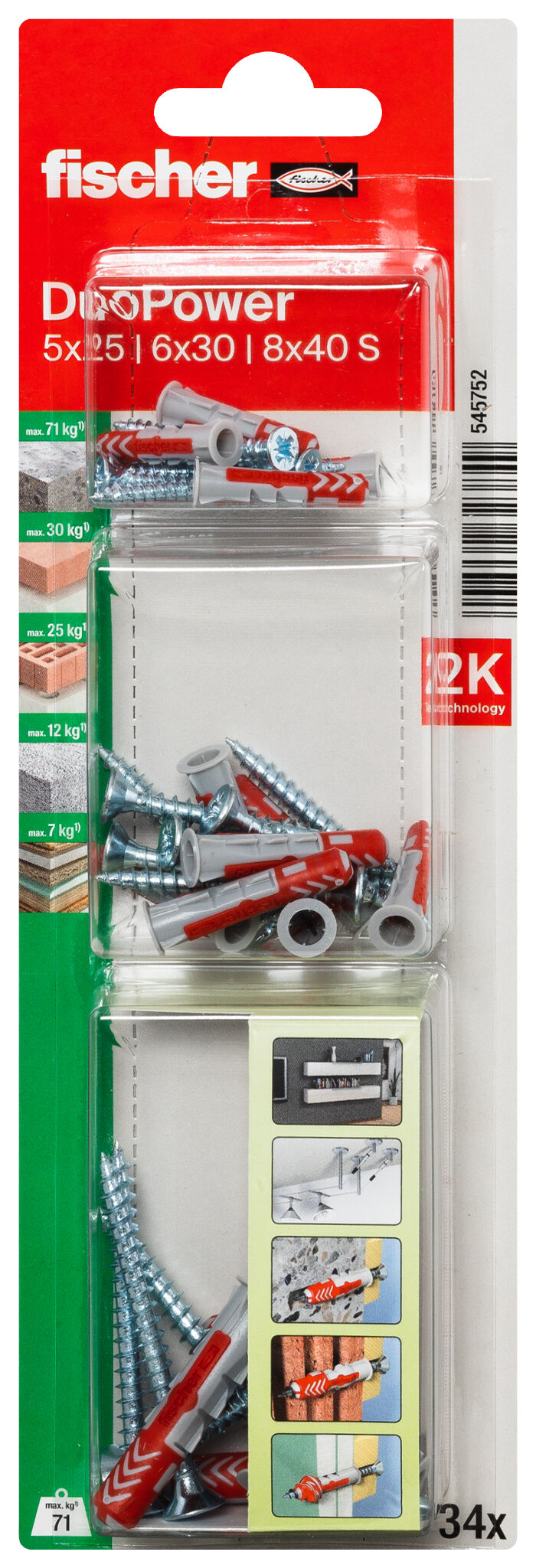 Packaging: "fischer DuoPower 3-blister 5, 6, 8 S K NV"