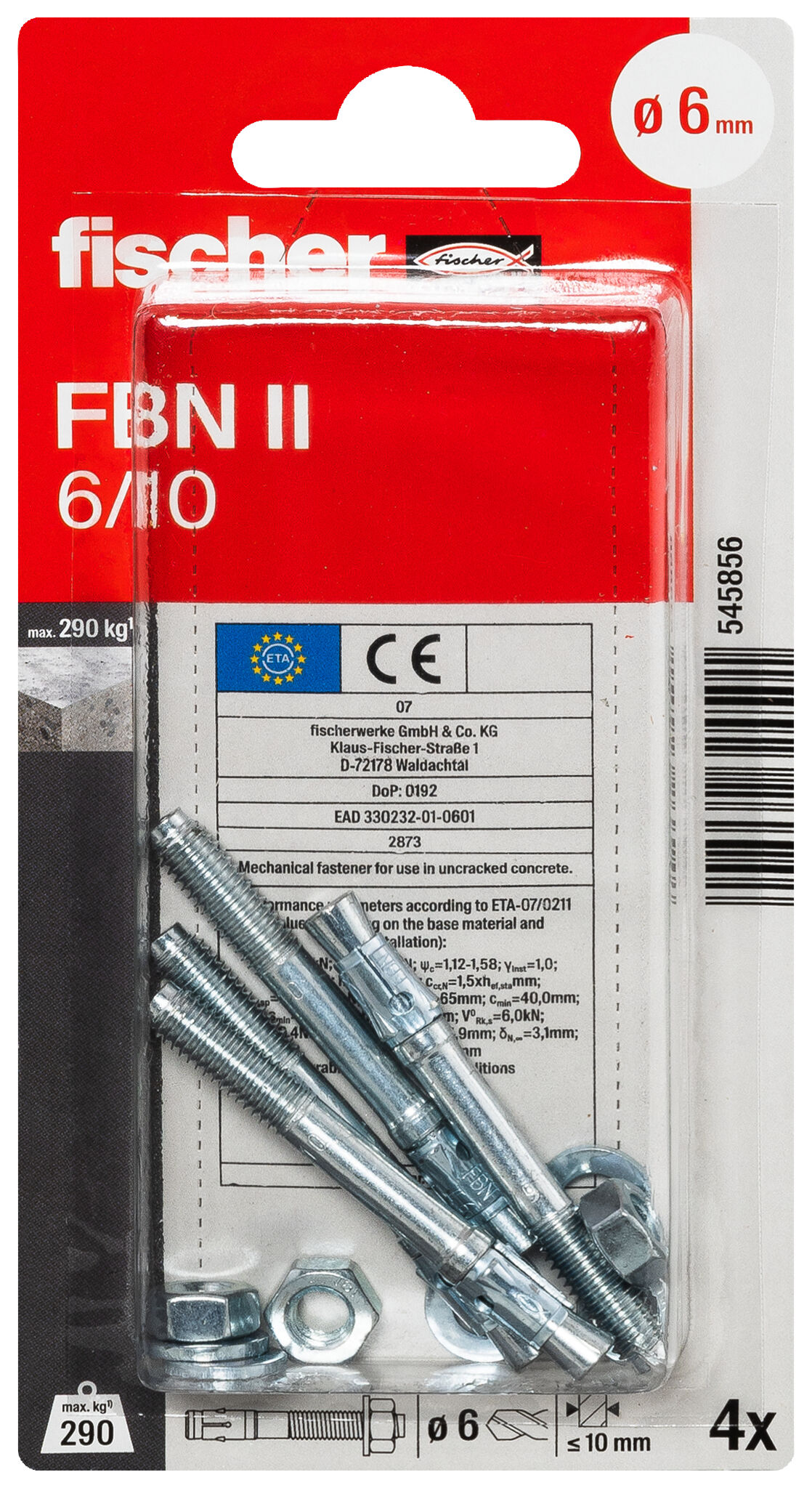 Packaging: "fischer Snelbouwanker FBN II 6/10 elektrolytisch verzinkt staal"