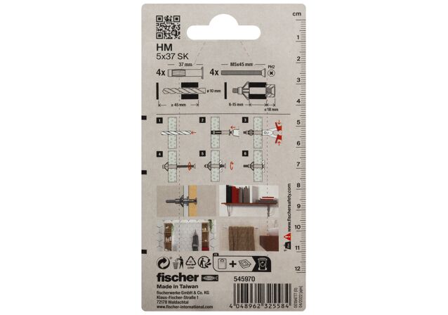 Verpackung: "fischer Hohlraum-Metalldübel HM 5 x 37 SK mit metrischer Schraube"