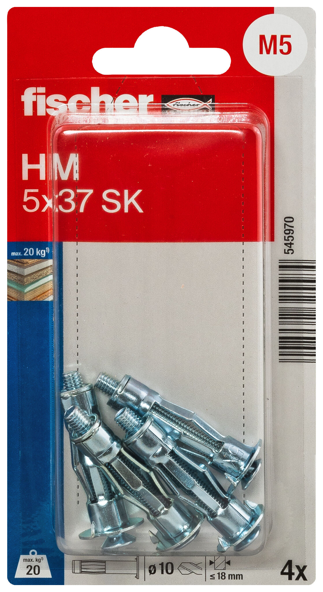 Verpackung: "fischer Hohlraum-Metalldübel HM 5 x 37 SK mit metrischer Schraube"