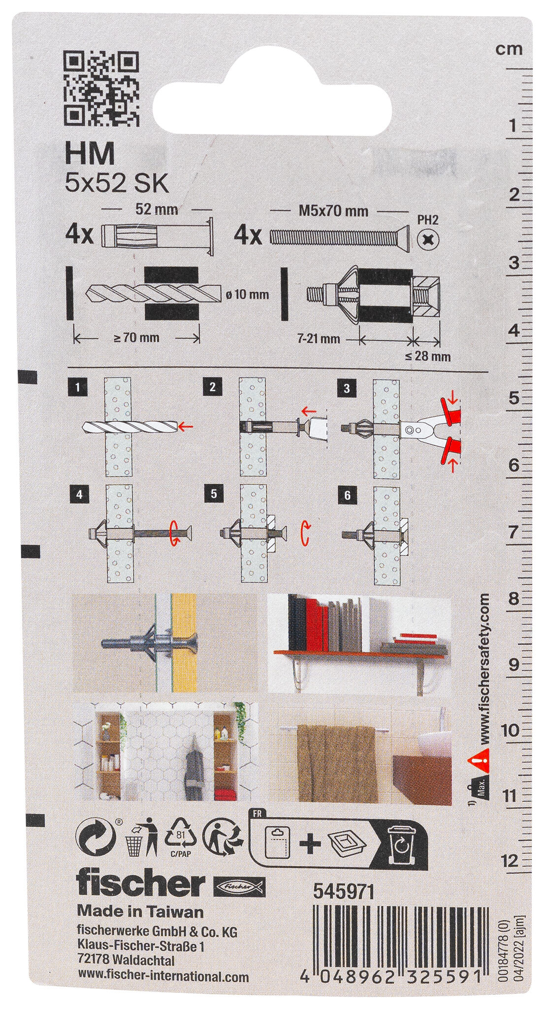 Verpackung: "fischer Hohlraum-Metalldübel HM 5 x 52 SK mit metrischer Schraube"