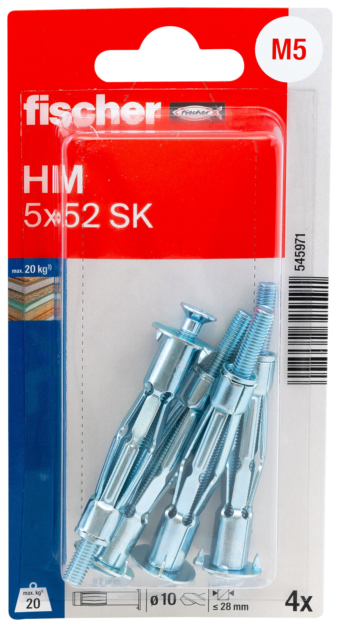 Verpackung: "fischer Hohlraum-Metalldübel HM 5 x 52 SK mit metrischer Schraube"