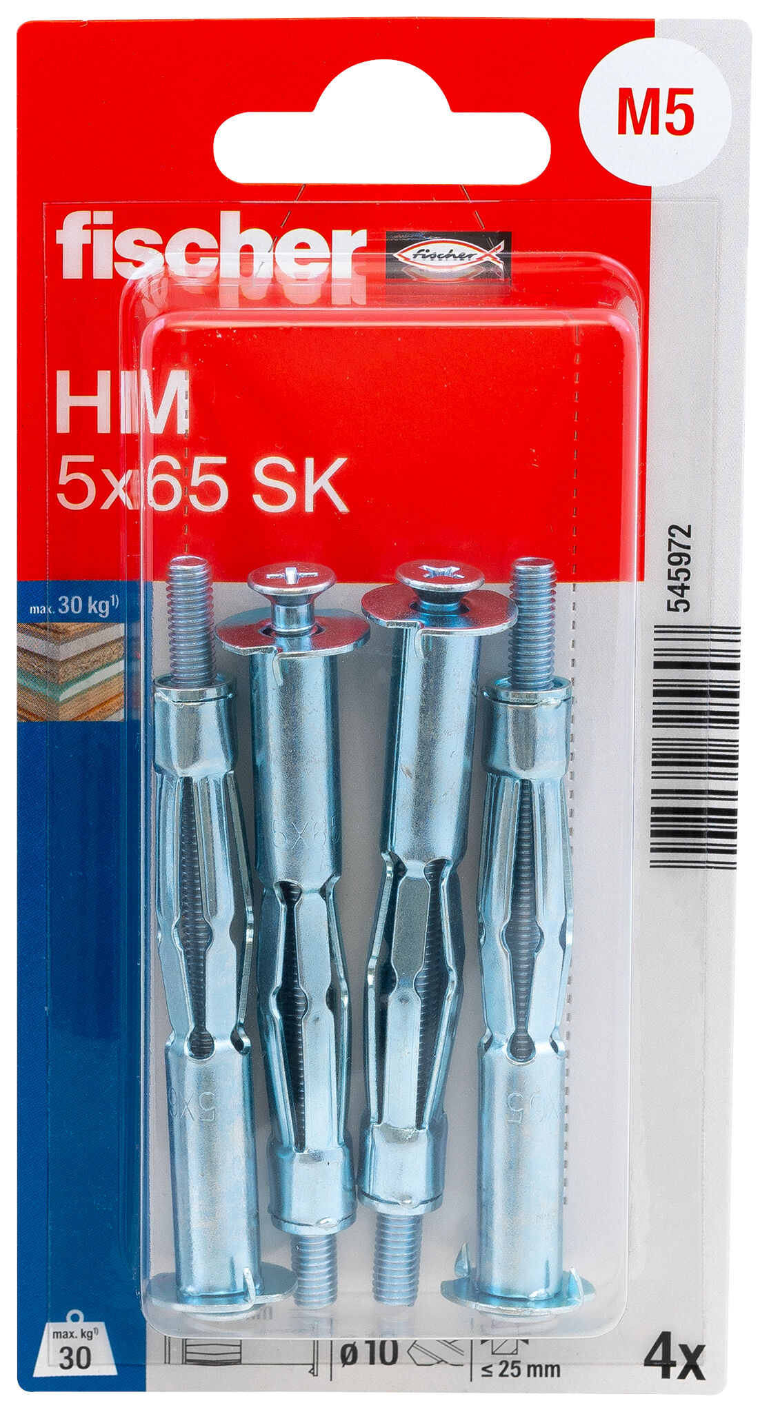 Verpackung: "fischer Hohlraum-Metalldübel HM 5 x 65 SK mit metrischer Schraube"