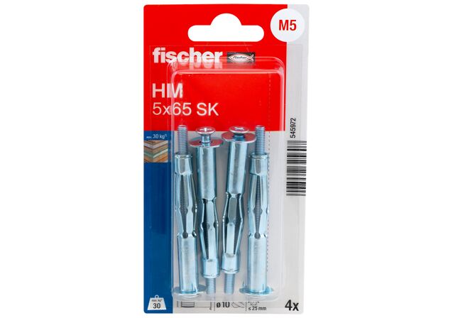 Verpackung: "fischer Hohlraum-Metalldübel HM 5 x 65 SK mit metrischer Schraube"