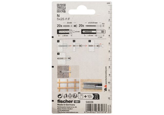 Packaging: "Cheville à frapper N 5 x 25/1 F K avec collerette plate et clou à empreinte pozi en acier électrozingué"