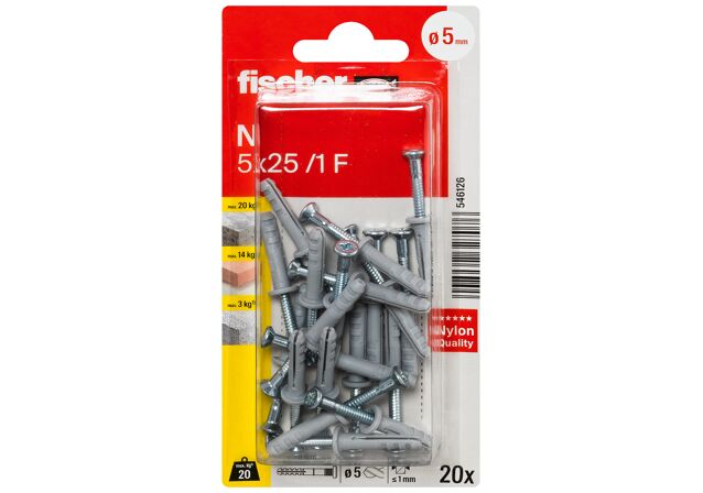 Packaging: "Cheville à frapper N 5 x 25/1 F K avec collerette plate et clou à empreinte pozi en acier électrozingué"