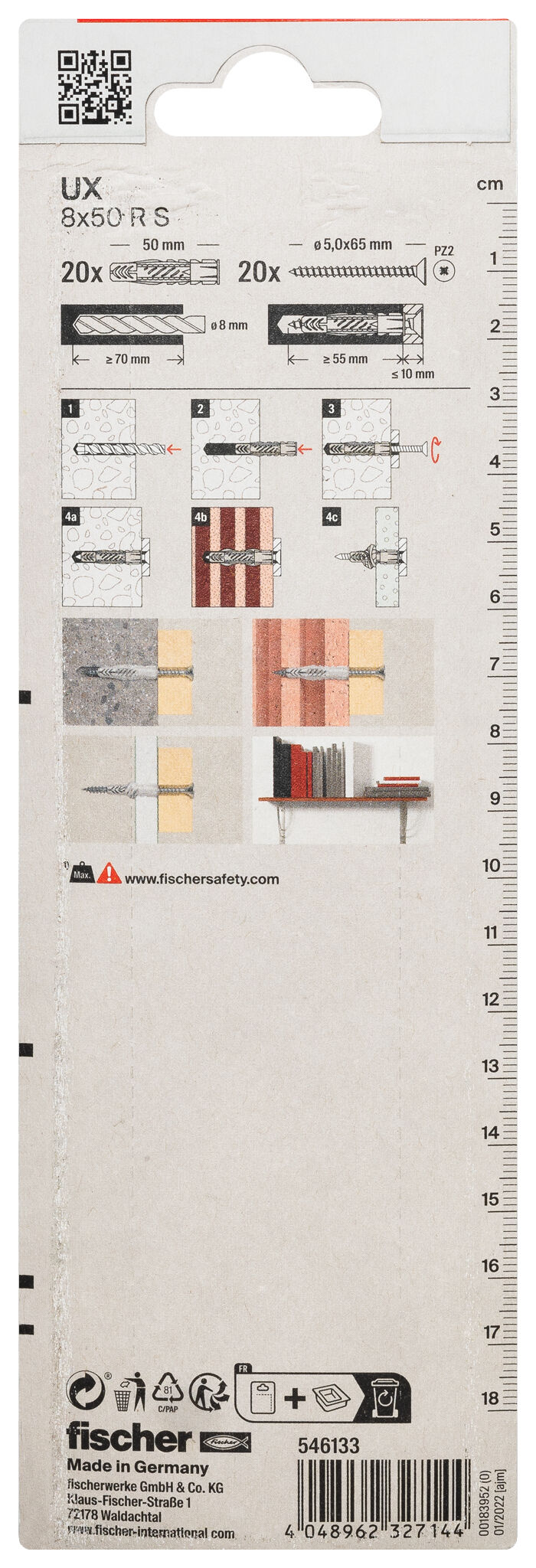 Packaging: "Cheville multi-matériaux fischer UX 8x50 RS BP"