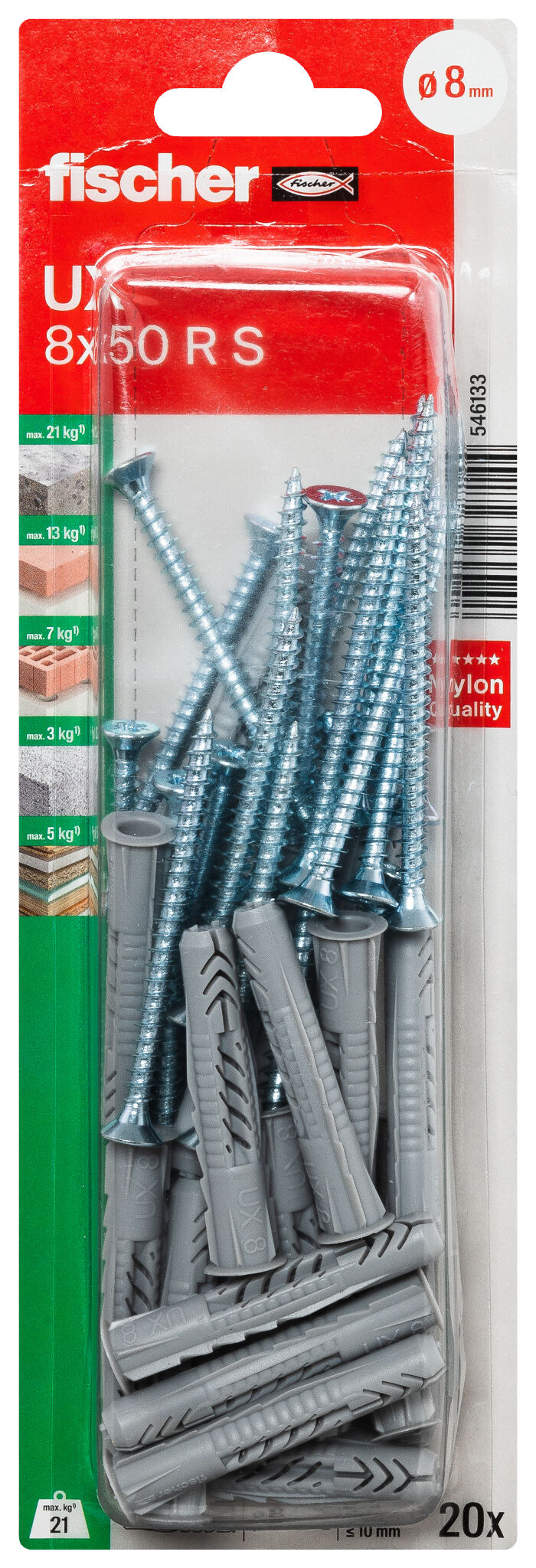 Packaging: "Cheville multi-matériaux fischer UX 8x50 RS BP"