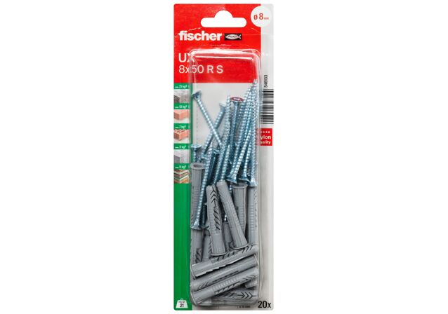 Packaging: "fischer Universal plug UX 8 x 50 R BP with rim and screw"