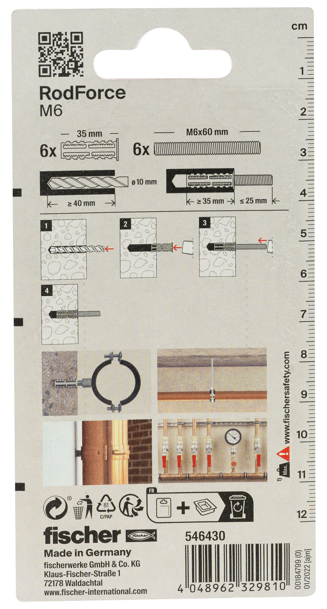 Verpackung: "fischer Gewindestangendübel RodForce FGD M6 x 35 mit 60 mm Gewindestange"