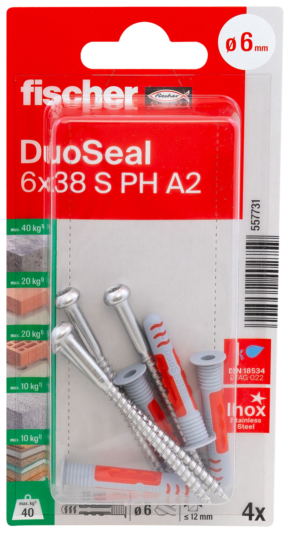 Verpackung: "fischer DuoSeal 6 x 38 S PH TX A2"